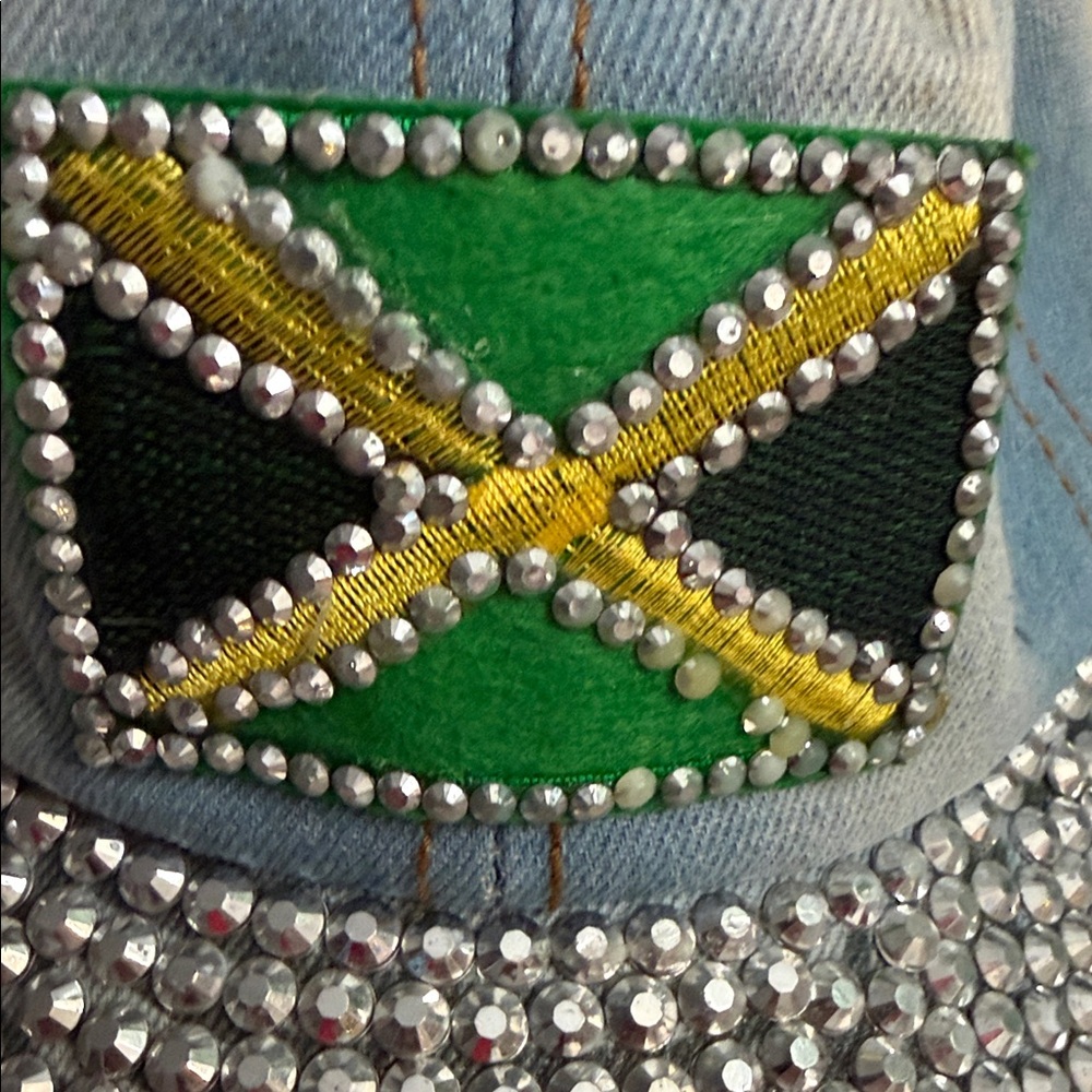 Stylish Denim Cap with Rhinestones and Jamaica ๐ฏ๐ฒ Flag Patch - Picture 10 of 13